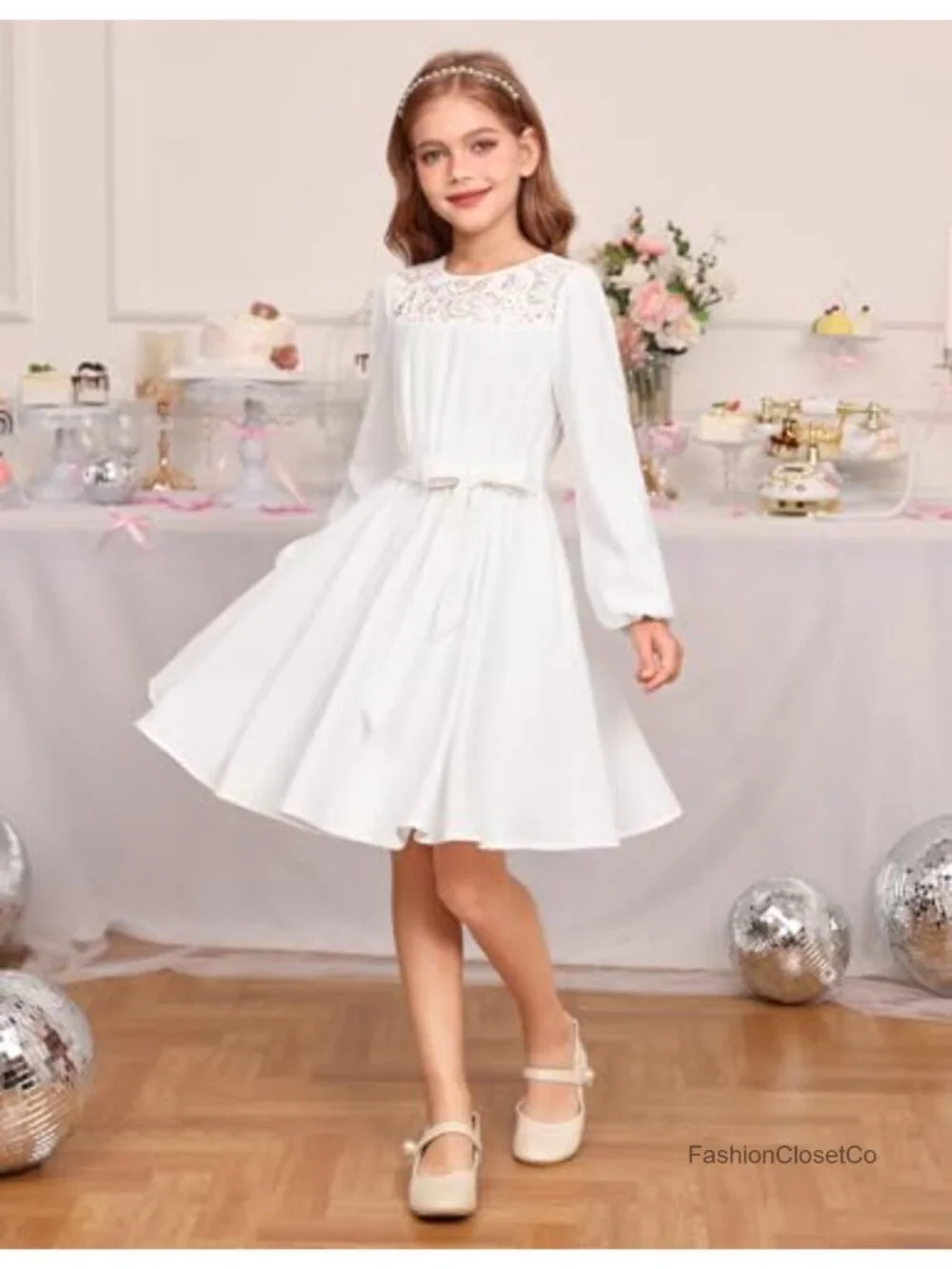 Girls Long Sleeve Midi A-Line Dress with Lace Panels & Twirl Skirt